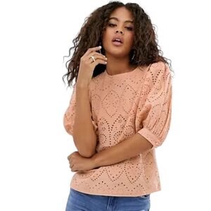 ASOS Romantic Neutral Dusty Peach Cotton Eyelet Short Puff Sleeve Blouse size 4